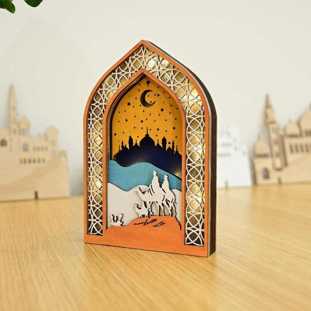 Creative Night Light Ornament LED Eid Wooden Decoration Handmade Eid Desktop Ornament  Scene Layout