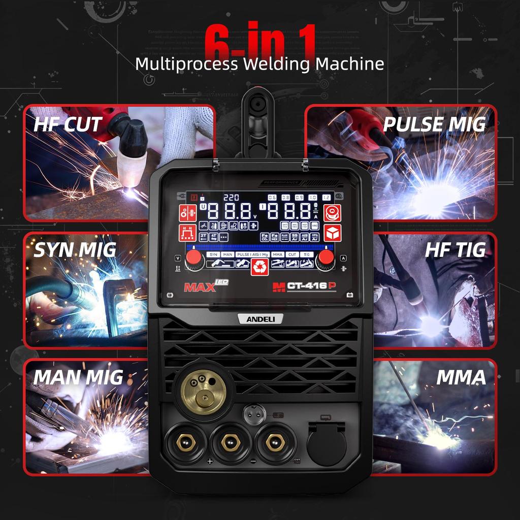 Plazmový řezák Svářečka Kombinace MCT-416 Pulzní MIG/HF TIG/HF CUT/MMA/FLUX CORE 6v1 Multifunkční Svářečka ANDELI 220V 160A Hliníková MIG Svářečka