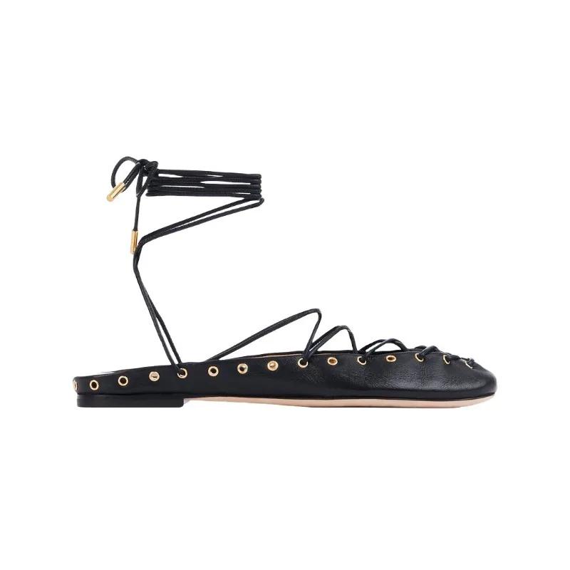 European and American Niche Light Luxury Retro Back Hollow Cross Tie Round Toe Fashion Roman Sandals Women's Ballet Shoes