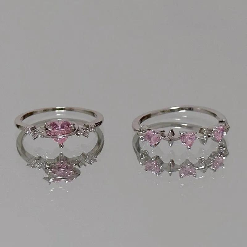 Style Sparkling Pink Zircon Bride Rings for Women Couples Korean Trendy Heart Star Geometric Wedding Party Jewelry