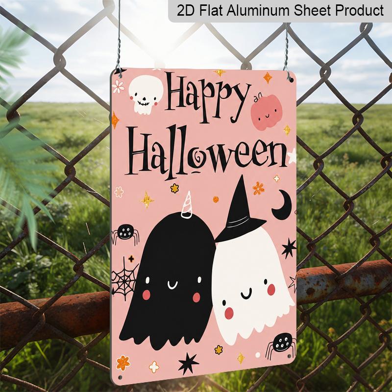 2D Flat Cute Pink Happy Halloween Ghost Metal Sign - 8.0x12.0inch Aluminum Wall Art, Soft Pastel Halloween Decor for Home, Porch - Easy Install with