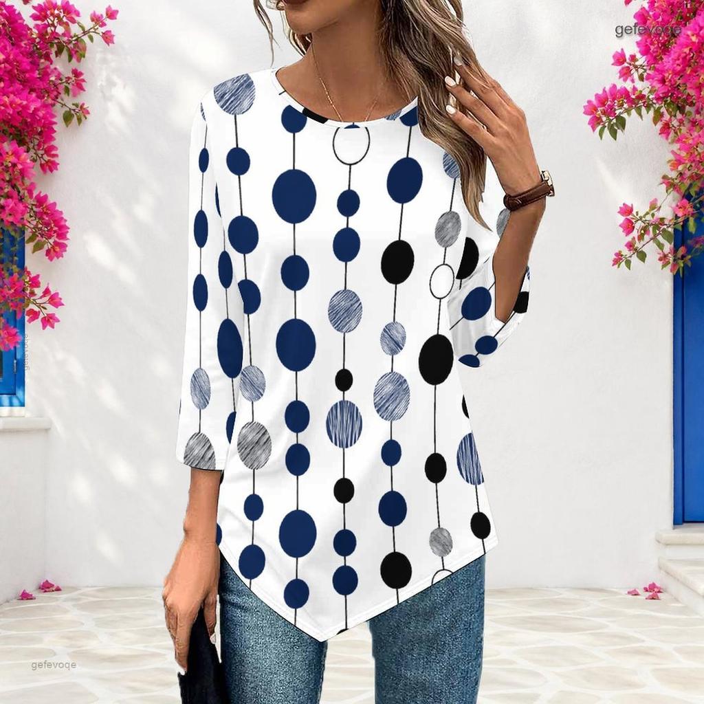 Women Plus Size Round Neck Three Quarter Sleeve Geometric Printed Pointed Hem Casual Blouse