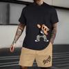 The Summer New Men's Suit Features a Retro Teddy Bear Printed Round-neck T-shirt and Shorts, Knitted Polyester Men's Wear