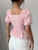 Mode d'été pour femme Chemise élégante décontractée Col rond Manches bouffantes Manches courtes Haut doux