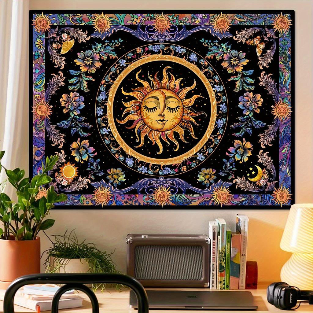 1pc Bohemian Psychedelic Sun and Moon Tapestry Wall Hanging - Polyester Fabric for Living Room Bedroom Decoration