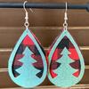 Vintage European & American Red Plaid Teardrop Leather Christmas Tree Earrings with Sequin Pendant