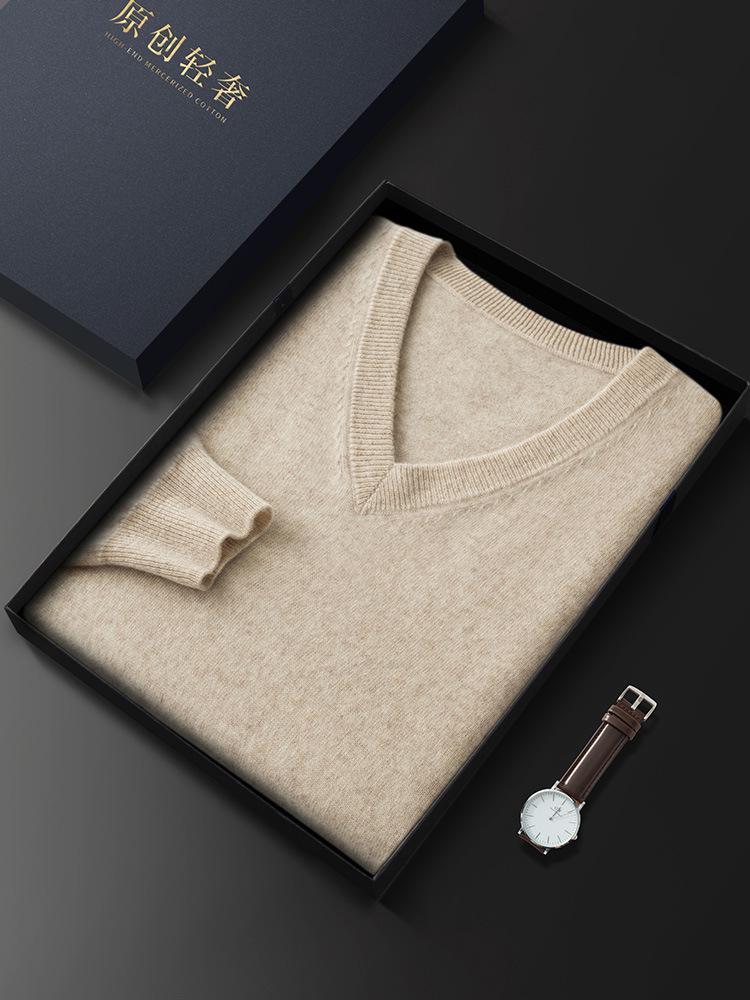 Men's V-Neck Cashmere Sweater: Loose Fit, Solid Color, Business Casual Pullover for Autumn and Winter