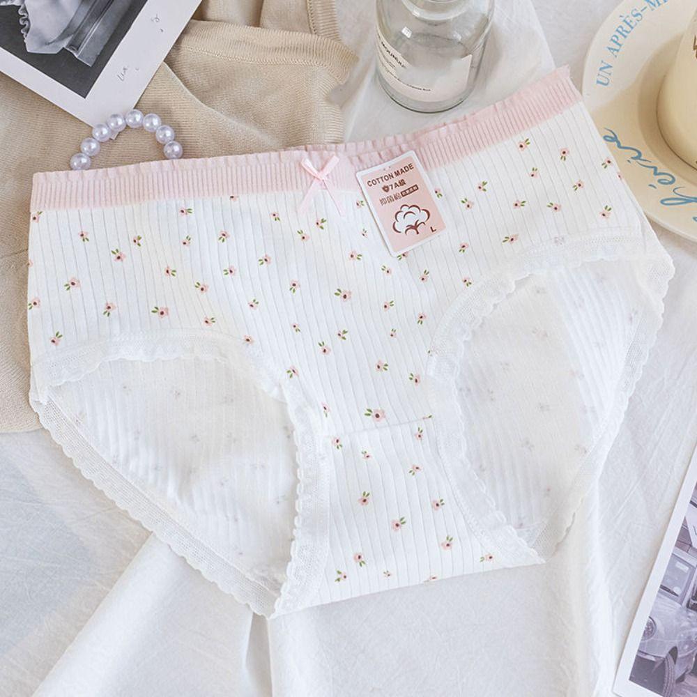 5Pcs Bowknot Lace Flower Panties Mid Waist Underwear for Women Soft Sweet Floral Briefs Lady