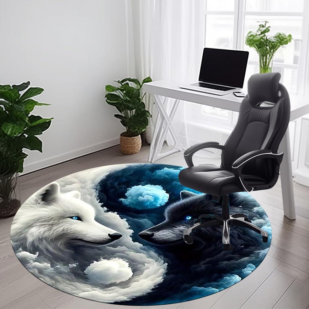 1pc Wolf YinYang Office Round Area Rug, Indoor Mat Suitable ForOffice, Under Office Chairs Bedroom Living Room Home Decor, Room Deco T184