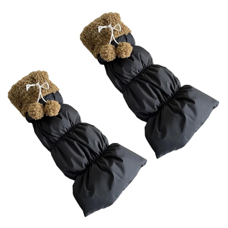 Lamb Fleece Trim Padded Puffer Leg Warmers with Cute Plush Balls for Women Warm Thermal Quilted Boot Cuffs Foot Covers