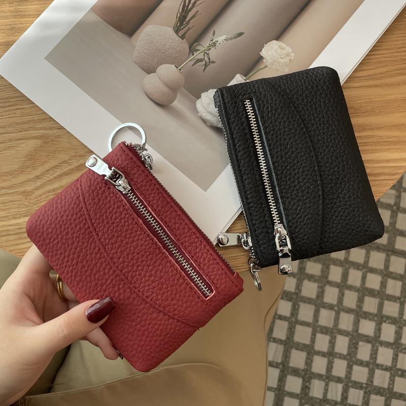 Change Bag Women's Short Small and Thin Zipper Change Bag New First-layer Cowhide Coin Key Storage