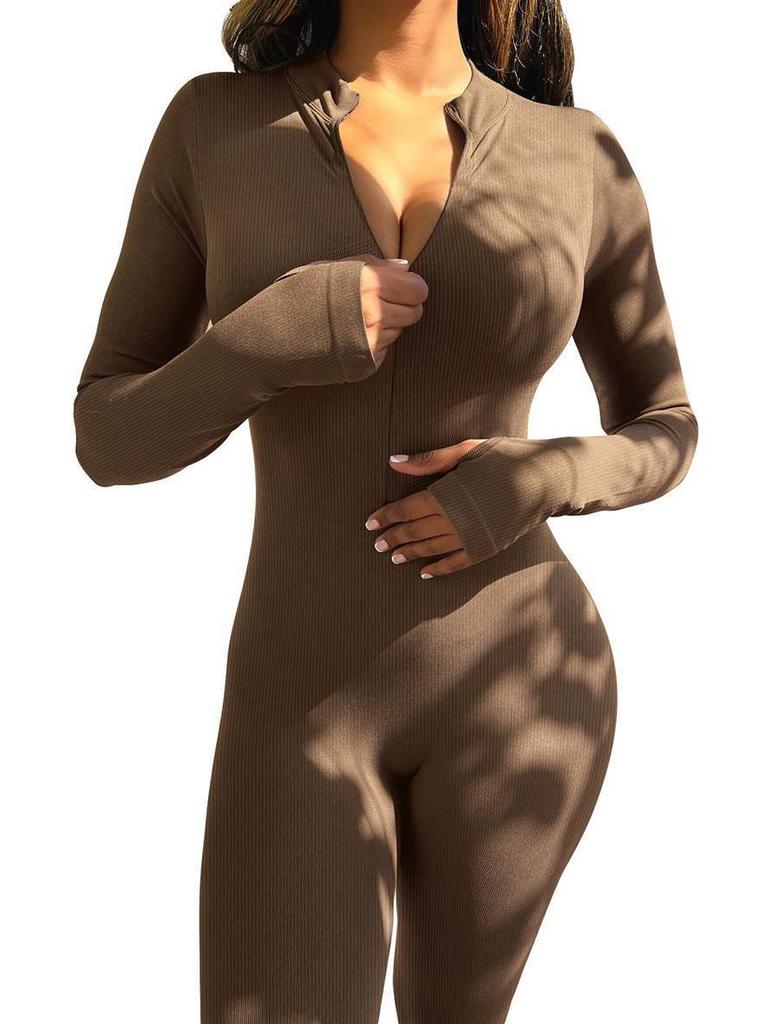 Women's Ribbed Elastic Slim-fit Long Sleeve Sport Yoga Jumpsuit with Invisible Zipper