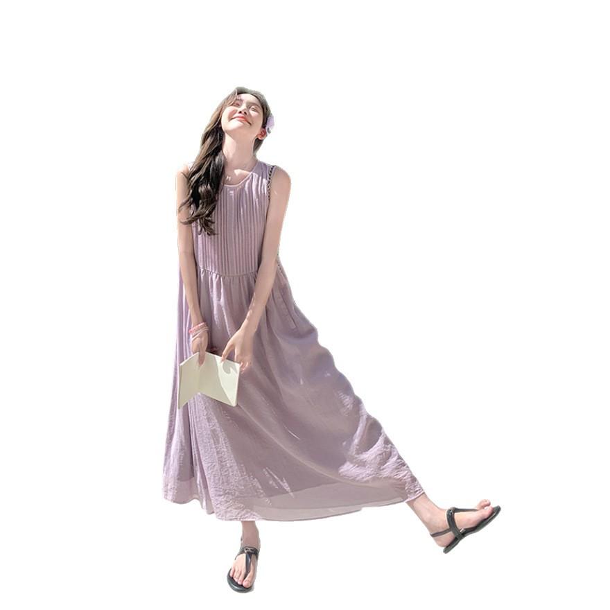Purple Gentle Wind Loose Sleeveless Off-the-shoulder Vest Long Dress Women's Summer New Casual and Thin Temperament Sweet Dress