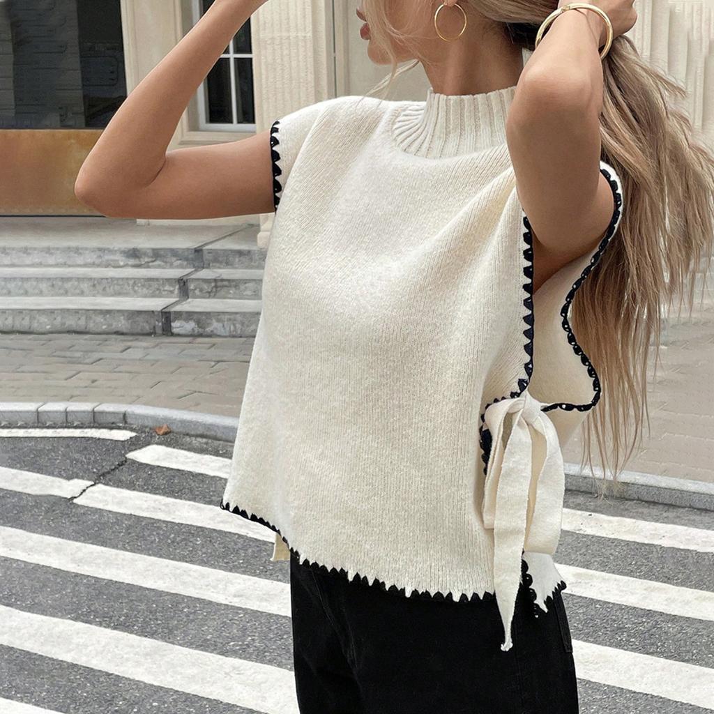 Women's Vest Half High Collar Color-blocked Bow Knitted Vest Loose Sleeveless Sweater Vest Top