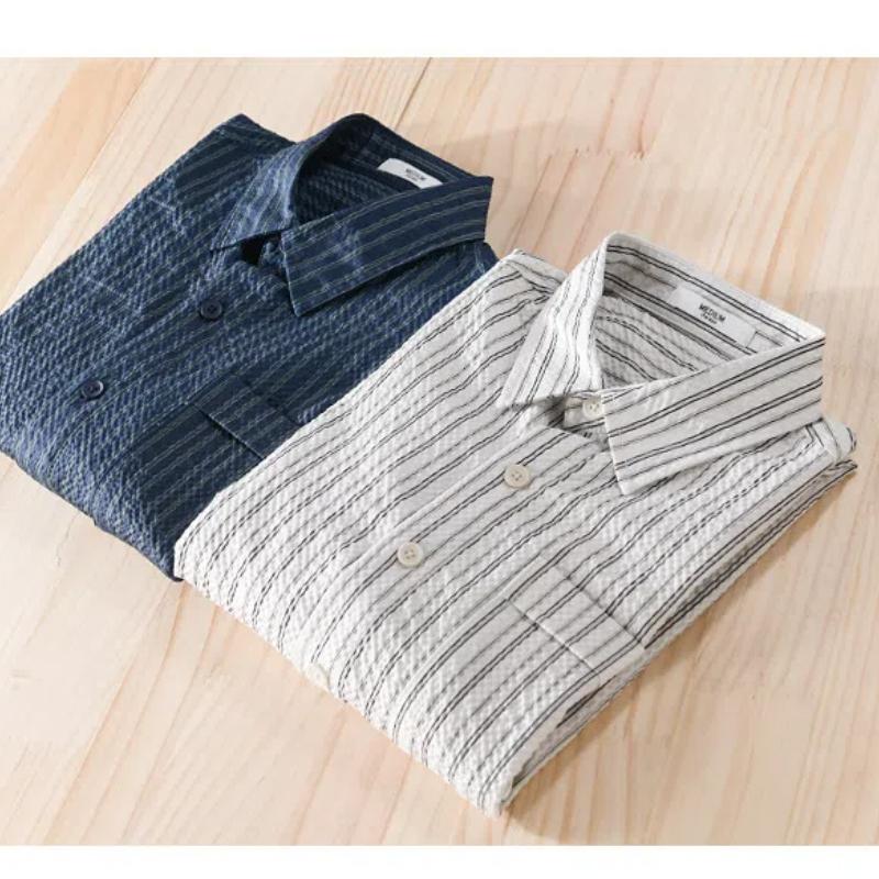 Summer Tops for Men Japan Retro Style Stripes Man Shirts Pocket Half Sleeve Butto Bubble Casual Shirt