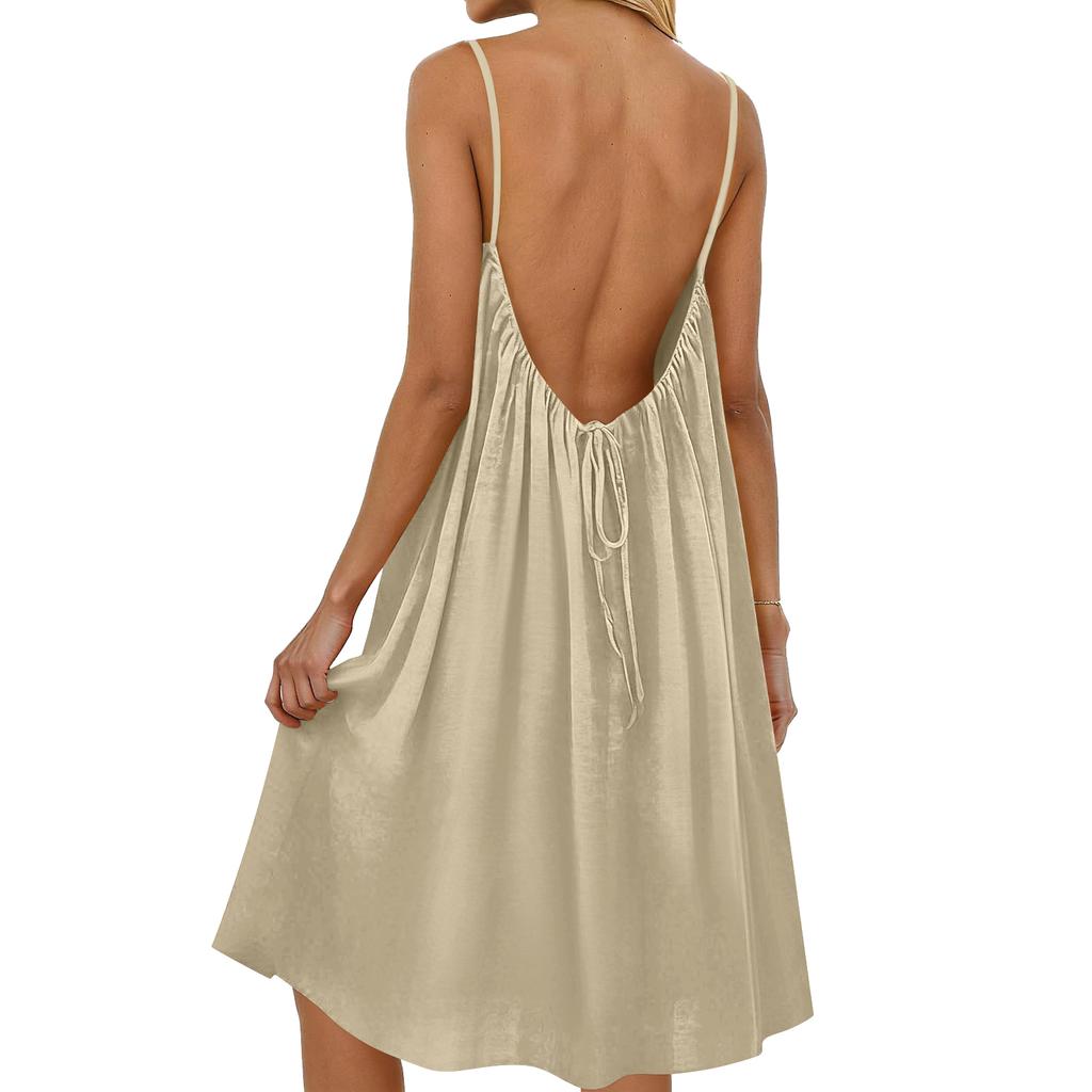 Damen-Rückenfreies Spaghettiträger-Kleid, Ärmelloses Dünn-Träger-Fließendes Strandurlaub-Kurzkleid, Mit Rückenband.