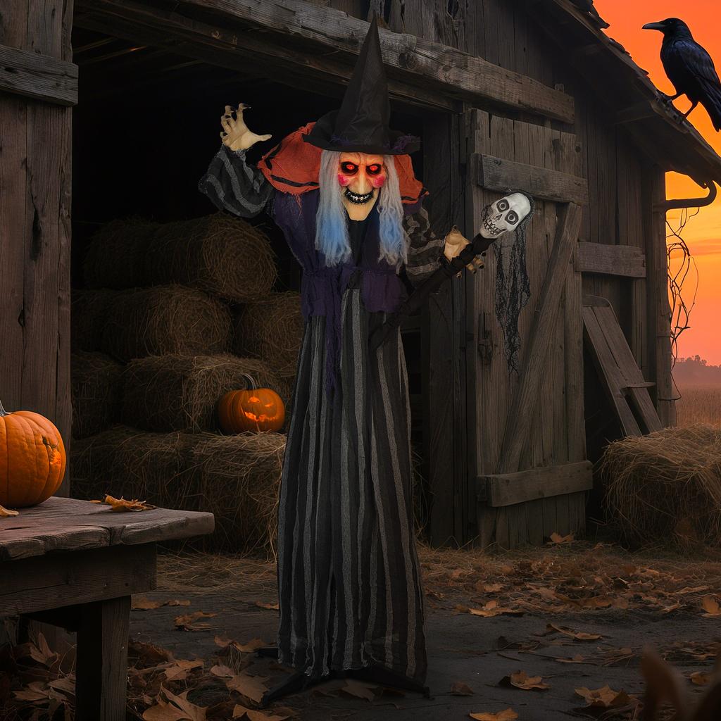 160 cm Halloween decoration, Halloween witch with LED lights, sound function, adjustable arms and body