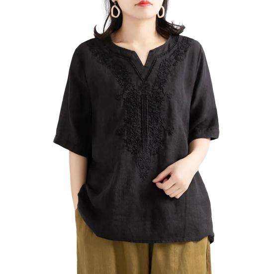 Women Tops V-Neck Short Sleeve Embroidery Flower Pattern Pullover Tops Solid Color Loose Fit Casual T-shirt Daily Wear