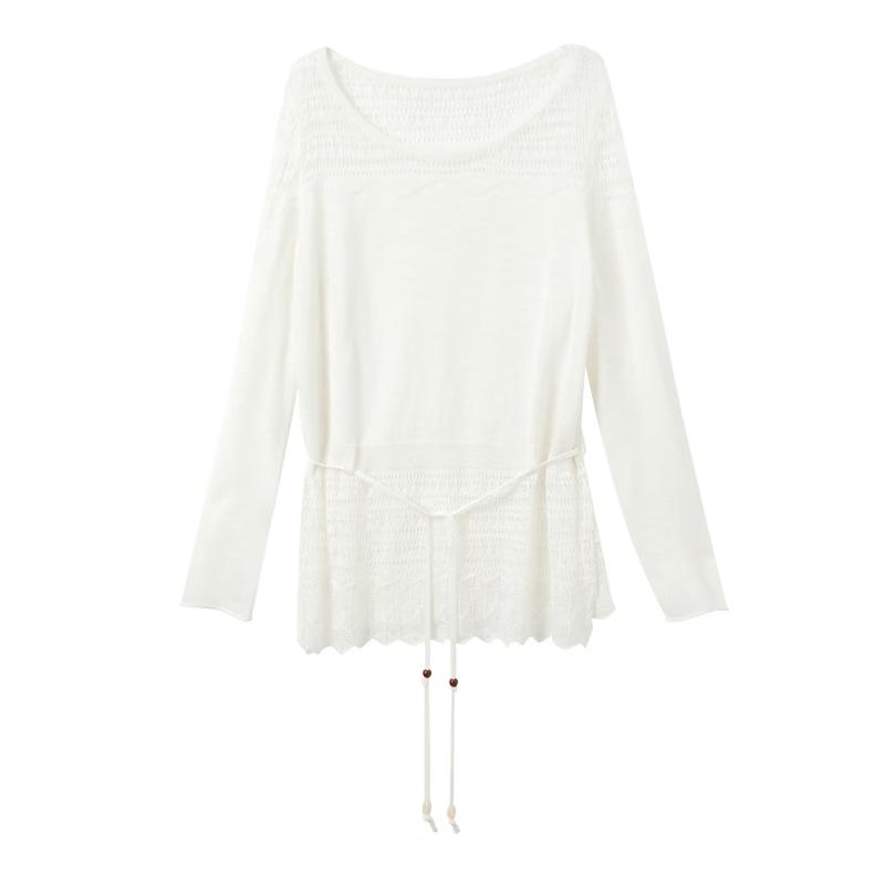 Sancai Women's Lyocell Blend Lace-Trim Hollow Knit Sweater