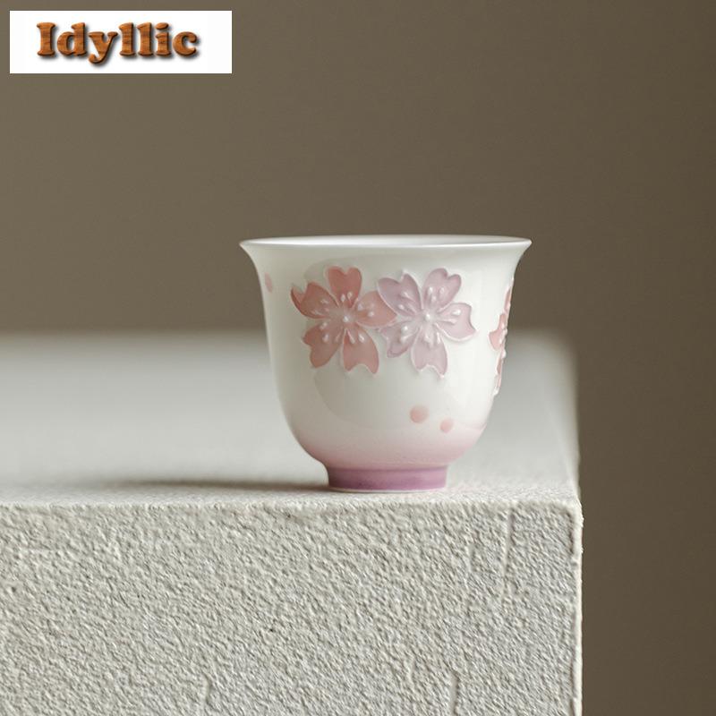 2pc/lot Hand-painted Cherry Blossoms Teacup Vintage Tea Bowl Tea Cup Set Tea-tasting Personal Cup Jianzhan Master Cups Gift 50ml