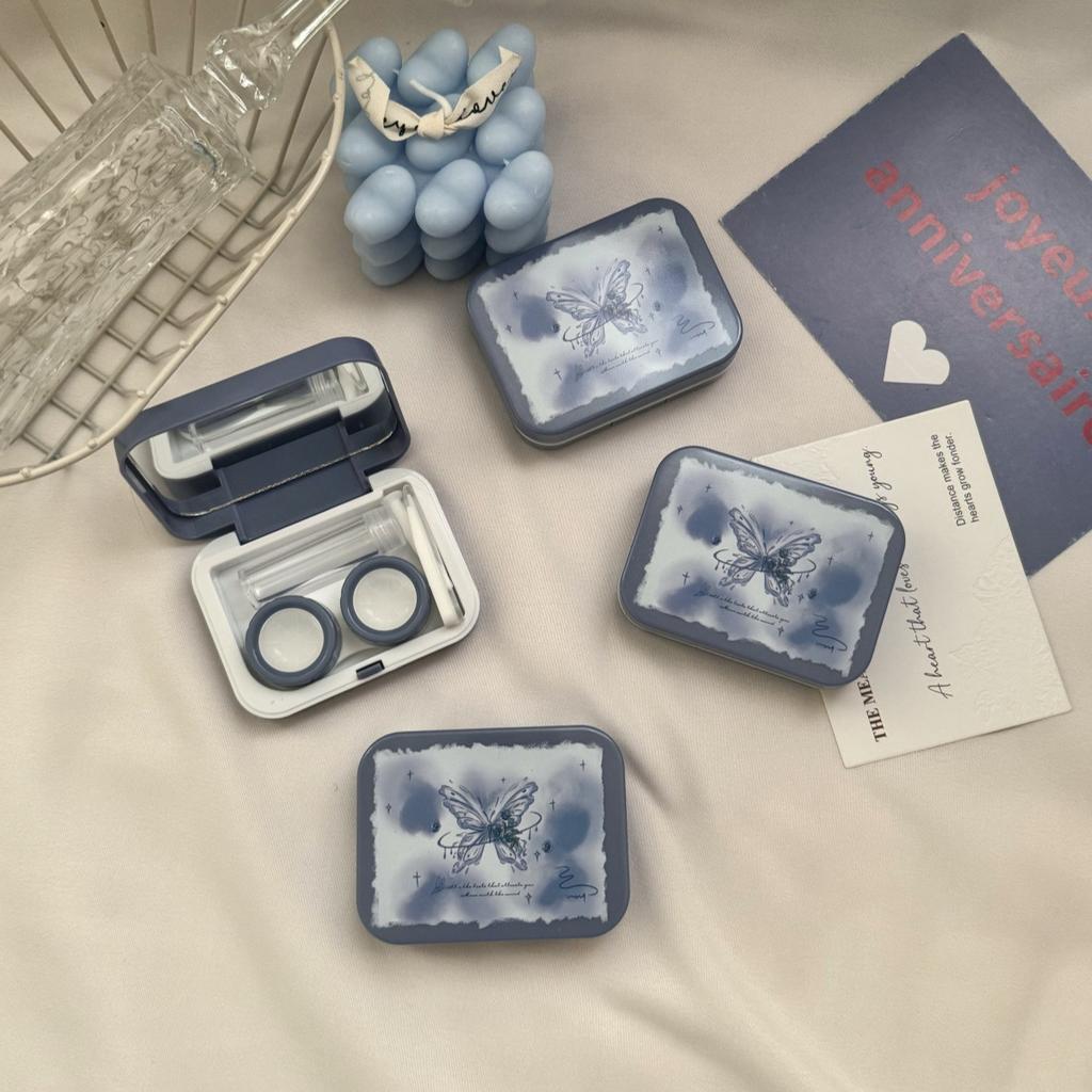 Romantic Ice Blue Rose Contact Lens Box Portable Contact Lens Case Companion Care Box Contact Lenses Case with Mirror Tweezers