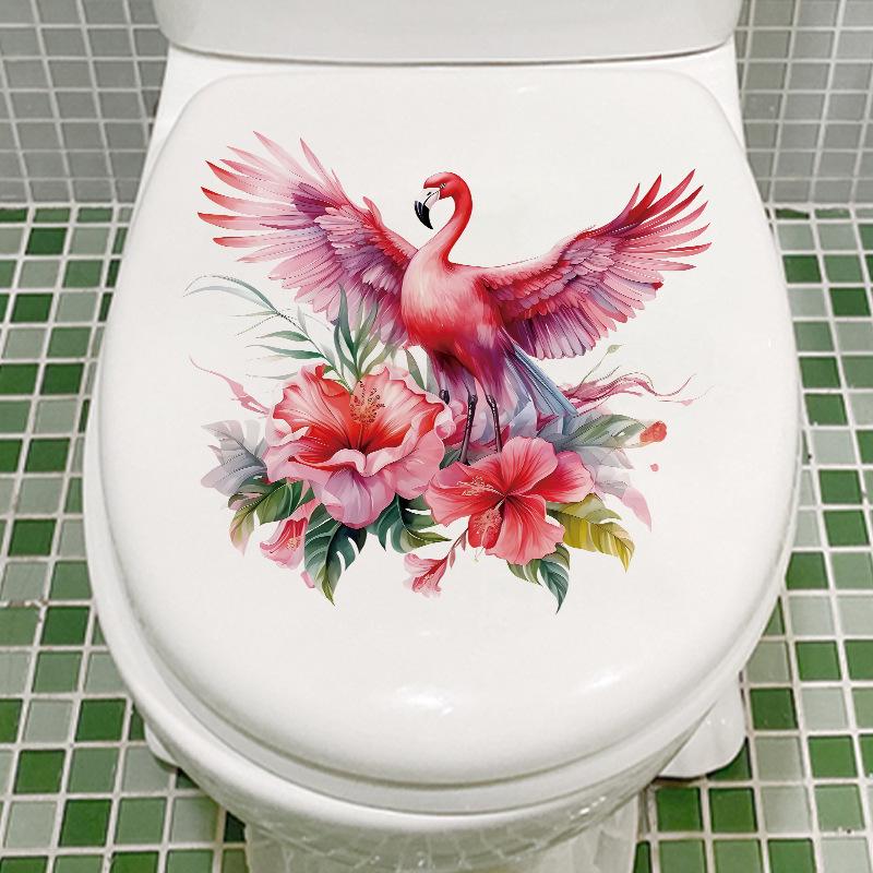 Pink Flower Flamingo Toilet Sticker Bathroom Ceramic Tile Corridor Entrance Background Decoration Wall Sticker