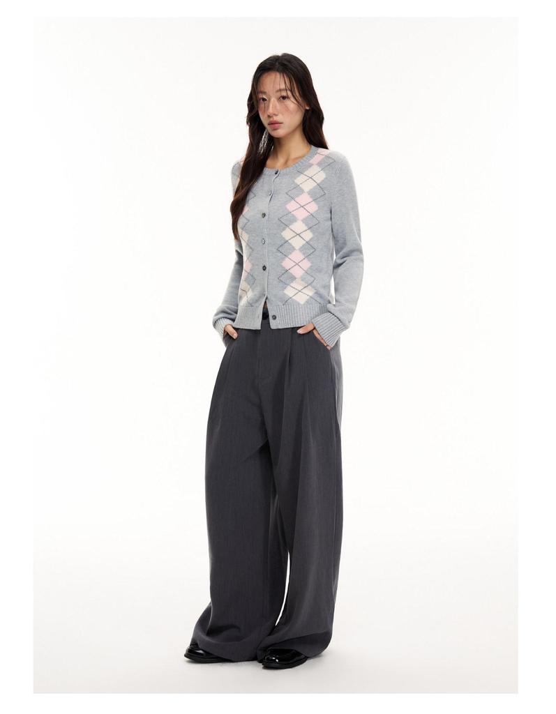 Women's Early Autumn College-Style Knit Cardigan - Color Block Diamond Pattern