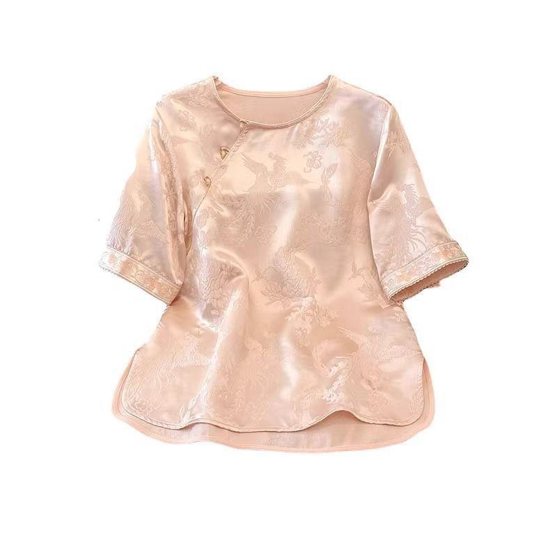 High-end short-sleeved summer new product retro inner fit improved loose meat covering and thin satin shirt women