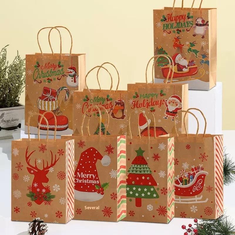 4-Pack Small Christmas Gift Bags, Red Christmas Tree, Santa Hat, Portable Kraft Paper Bags, Party Bakery Store Gift Packaging