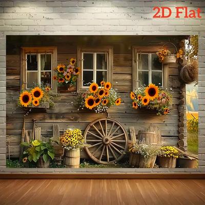 Telo di Sfondo Fotografico 2D per Fattoria di Campagna con Girasoli e Dettagli in Legno