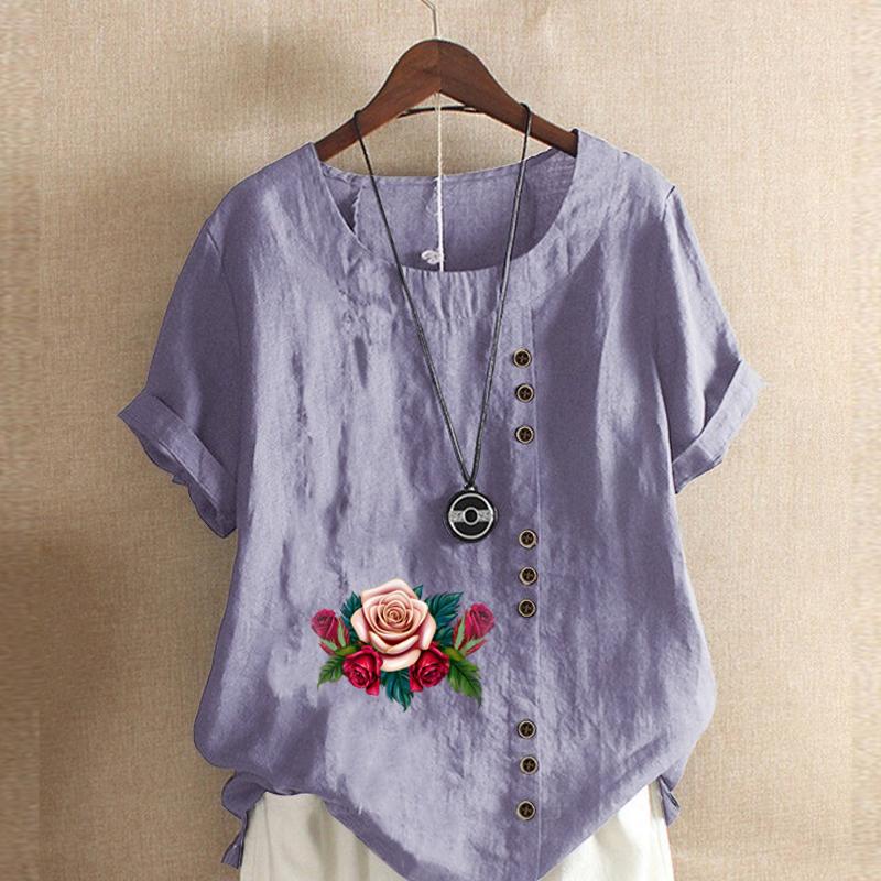 Women's Fashion Flowers Prined Short Sleeve T-shirt Loose Cotton Shirt Casual Loose Summer Blouse Tops Plus Size