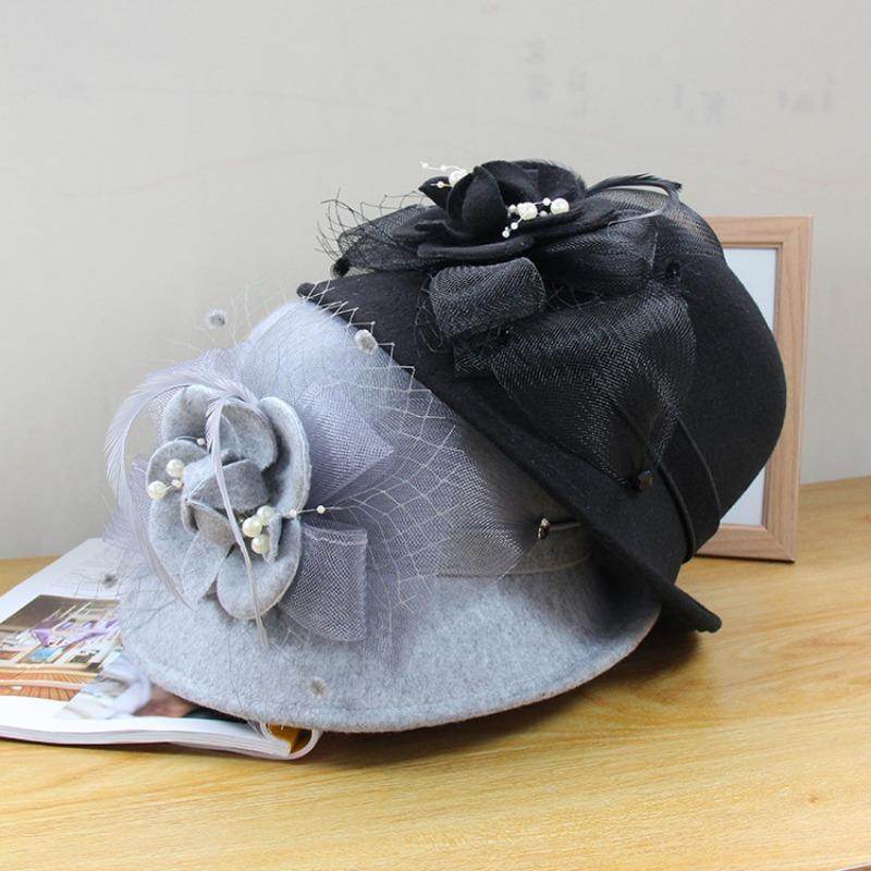 Women S Elegant Pearl Flower Half Roll Wool Bucket Hat Outdoor Fashion