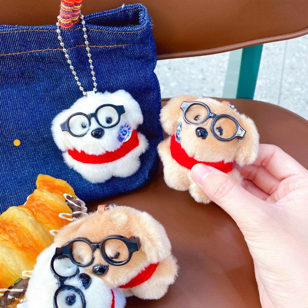 2Pcs Bag Hanging Plush Doll Keychain Cute Magnetic Dog Keychain Collar Glasses Dog Pendant Couple