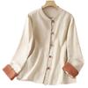 Women's Retro Color Block Stand Collar Jacket - Cotton Linen, Long Sleeve, Frog Buttons, Spring/Autumn.
