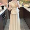 Summer Chinese Style Apricot Frog Button Skirt-Pants Suit for Women - Elegant & Luxurious