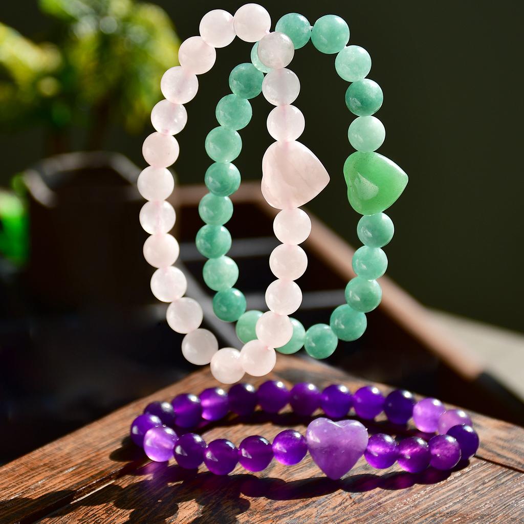 Bohemian Natural Stone Amethyst Love Elastic Bracelet Women's Spring & Summer Sweet Holiday Handmade Zircon