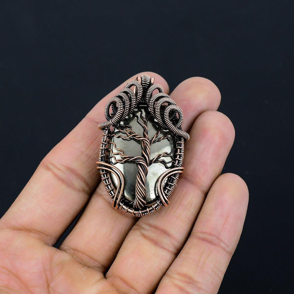 Tree Of Life Golden Apache Pyrite Pendant, 999 Copper Wire Wrapped Jewelry, Gemstone Pendant, Gift For Her Handmade Dainty Jewelry