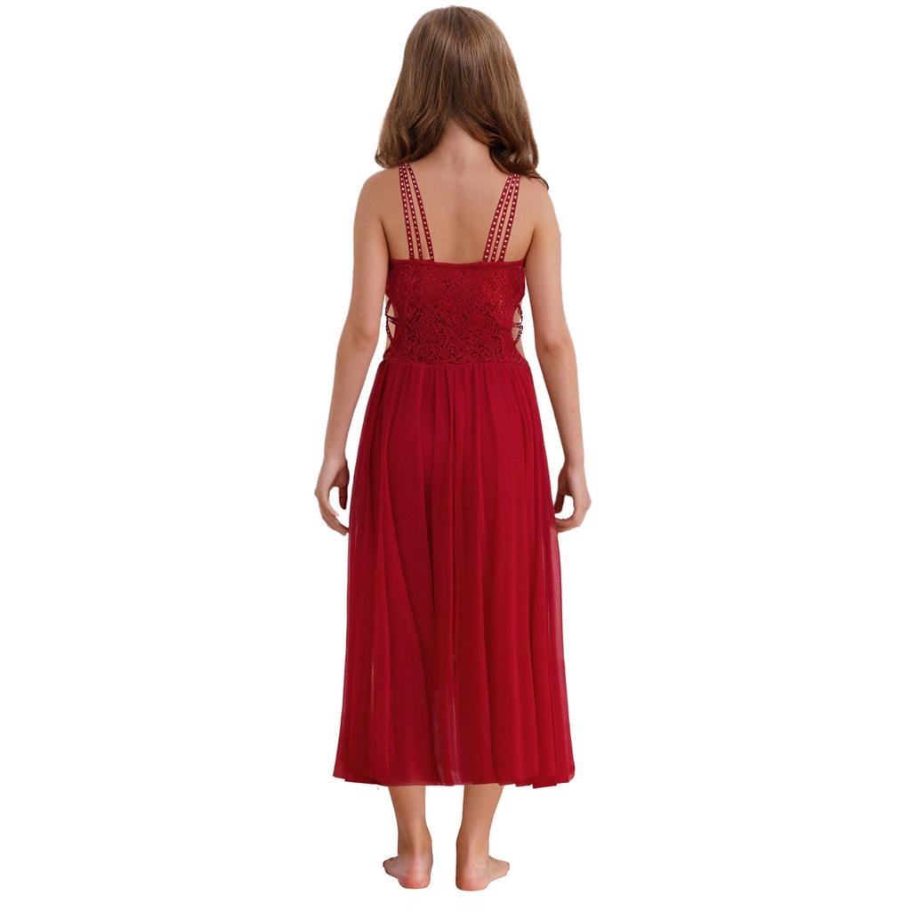 Girls Performance Dress Shiny Sequins Rhinestones Strappy Cutout Waist Side Split Mesh Dancewear