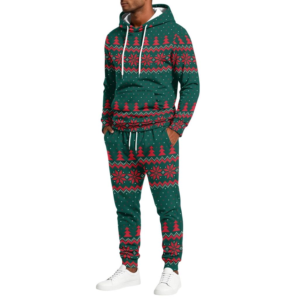 Men's Christmas Print Hoodie and Sweatpants Set, Lightweight Casual Two Piece Outfit with Straight Leg Pants