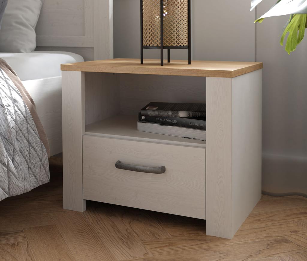 Chevet 1 tiroir et 1 niche - BOHOL - Chene / Blanc - L61,6 x P42 x H52 cm
