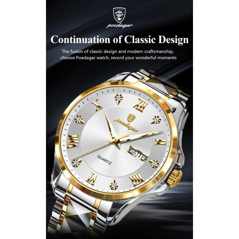 POEDAGAR Fashion Military Men Clock Waterproof Luminous Date Week Man Wristwatch Stainless Steel Quartz Watches Male Reloj