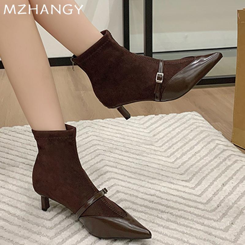 Fashion Women Suede Pointed Toe Ankle Boots Winter Elegant Mid Heels Shoes Woman 2025 Trend Fashion Snow Party Chelsea Boots Mujer Botas