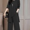 3Pcs/Set O-neck Sleeveless Lady Outfit Irregular Hem Elastic Waistband Pockets Vest Top Wide Leg Pants Mid-length Coat Set