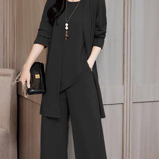 3Pcs/Set O-neck Sleeveless Lady Outfit Irregular Hem Elastic Waistband Pockets Vest Top Wide Leg Pants Mid-length Coat Set