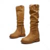 2025 Autumn New Pleated Tall Boots Retro Wood Grain Thick Heel Round Head Stacking Boots Female Knight Boots Elastic Boots