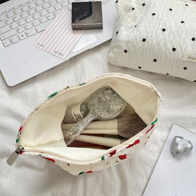 Flower Cherry Print Cosmetic Bag for Women Travel Toiletry Organizer Case Fresh Summer Makeup Pouch Handheld Wash Bag Case