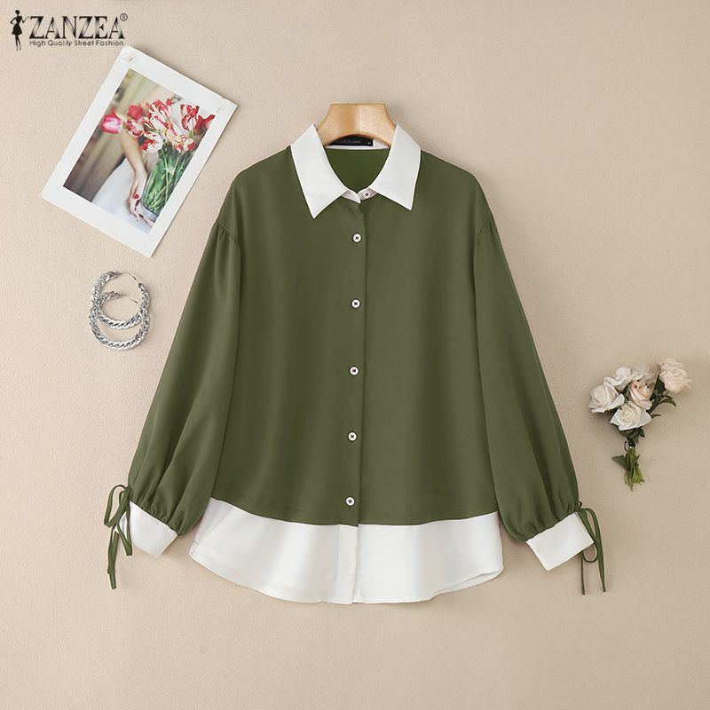 ZANZEA Women Casual Turn Down Collar Long Sleeve Loose Patchwork Blouse