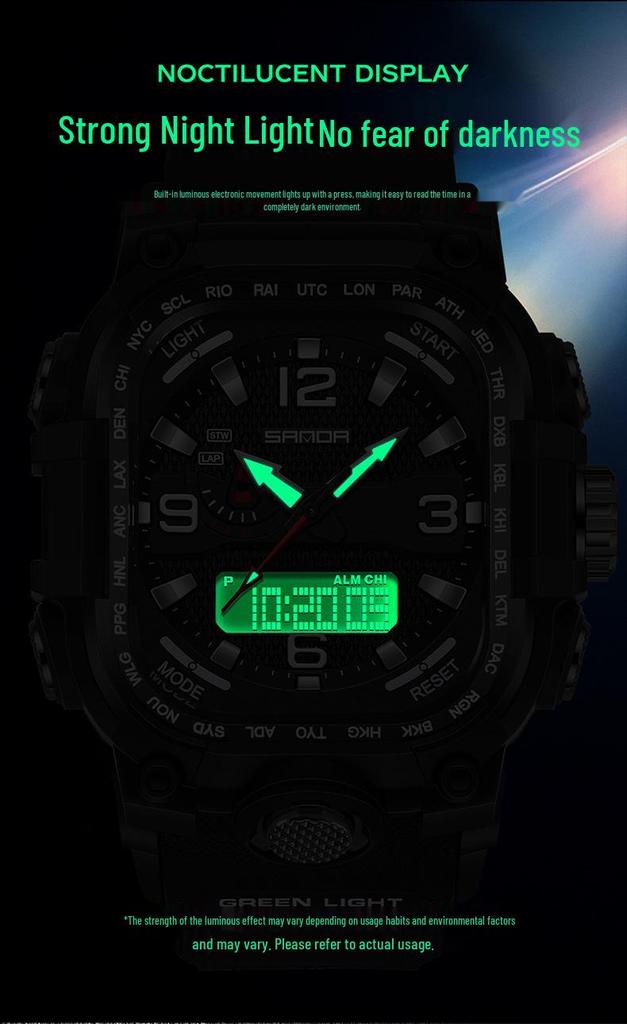 Sanda Three-Hand Square Dial Waterproof Student Sport Watch with Dual Display and Three-Zone Time.