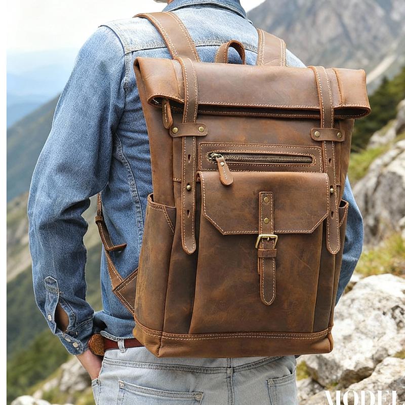 Men's Wear-Resistant Crazy Horse Leather Backpack for Travel and Hiking