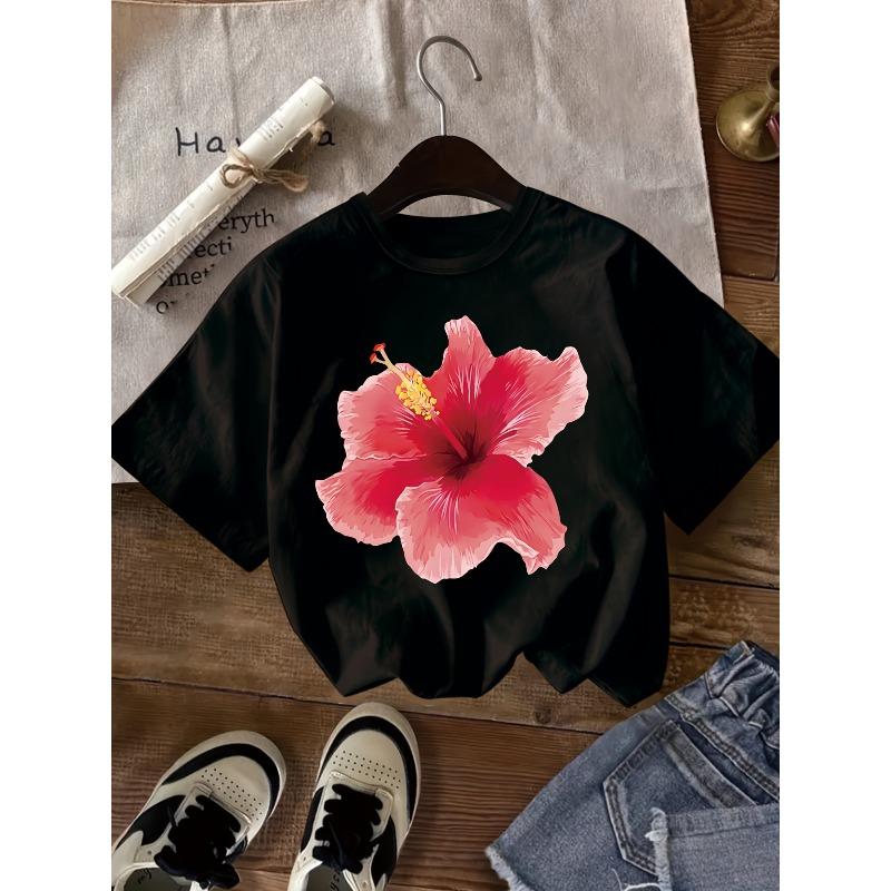 Girls Crewneck Short Sleeve Tee, Floral Print Breathable Summer Kids Clothes